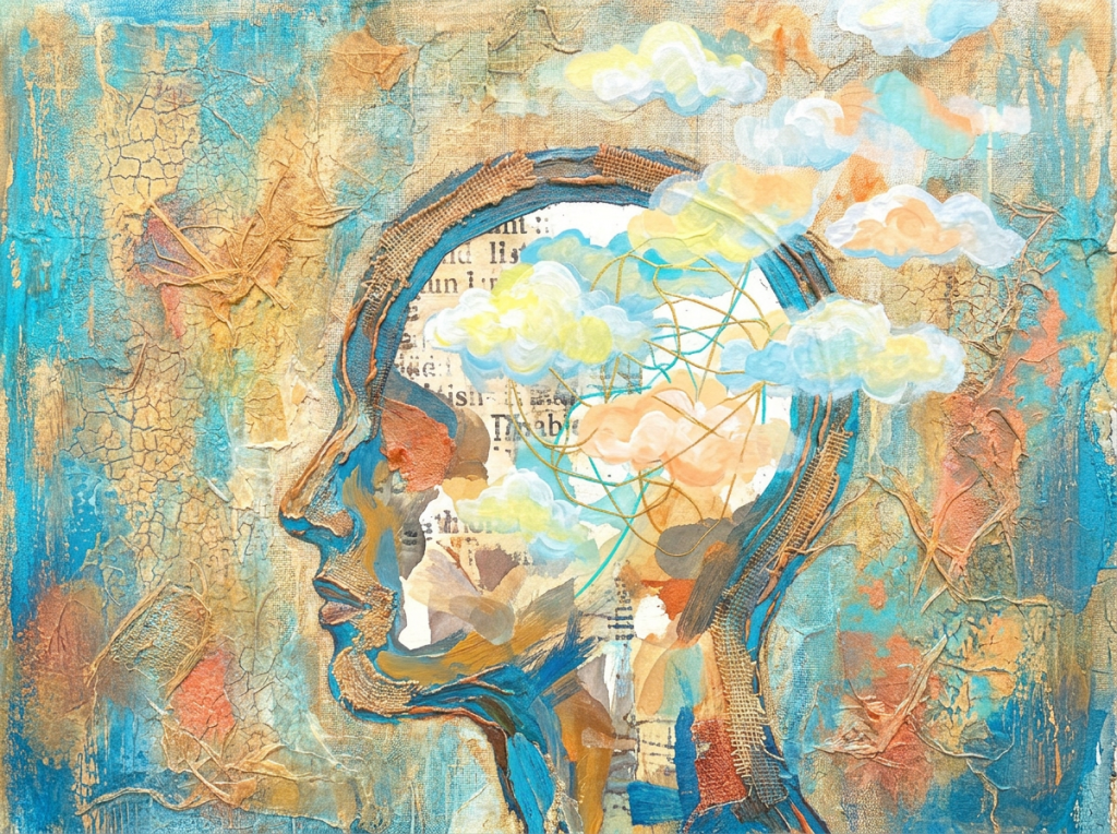 Abstract profile of human head with clouds and scribbles inside